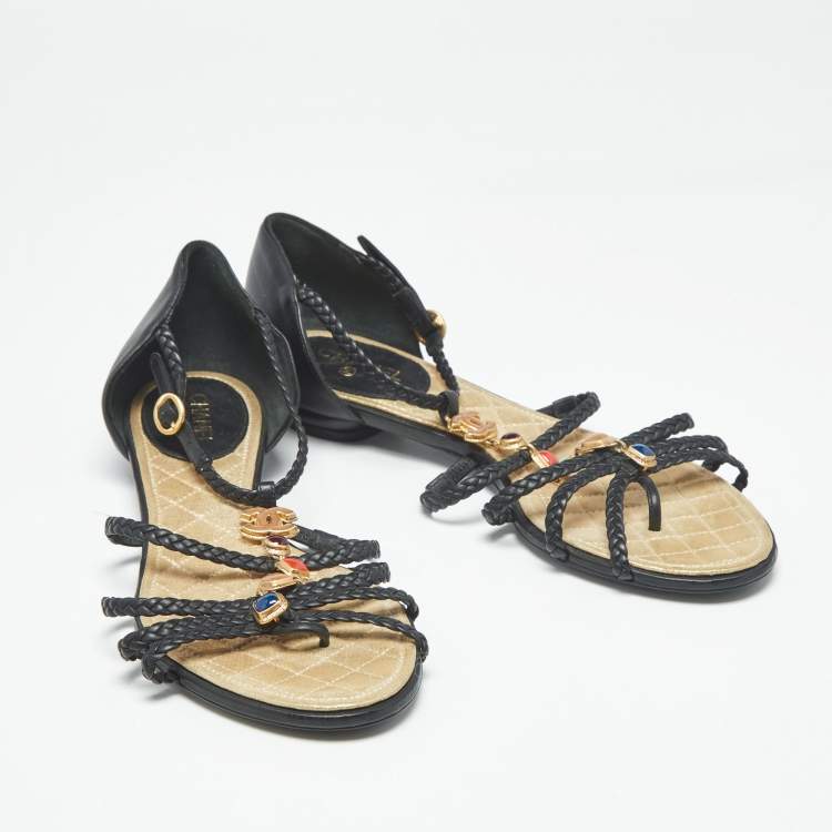 Pre Owned Chanel Black Leather and Woven Leather Strappy Flat Sandals Size 37