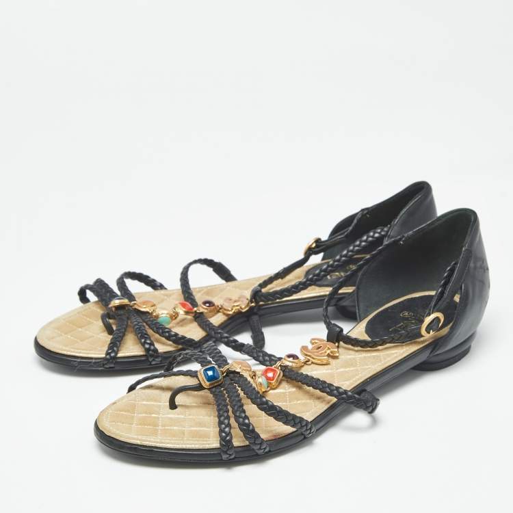 Pre Owned Chanel Black Leather and Woven Leather Strappy Flat Sandals Size 37