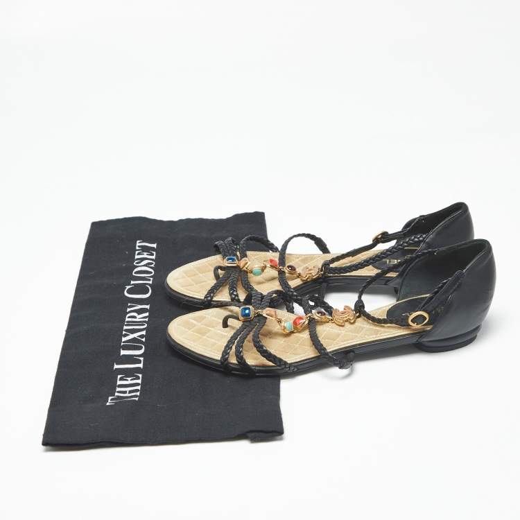 Pre Owned Chanel Black Leather and Woven Leather Strappy Flat Sandals Size 37