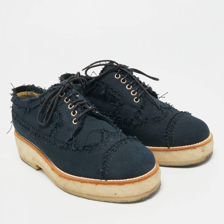 Pre Owned Chanel Navy Blue Denim CC Cap Toe Oxford Sneakers Size 36