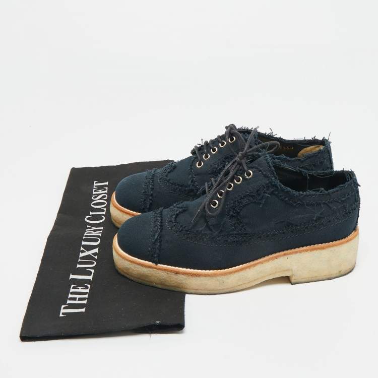 Pre Owned Chanel Navy Blue Denim CC Cap Toe Oxford Sneakers Size 36