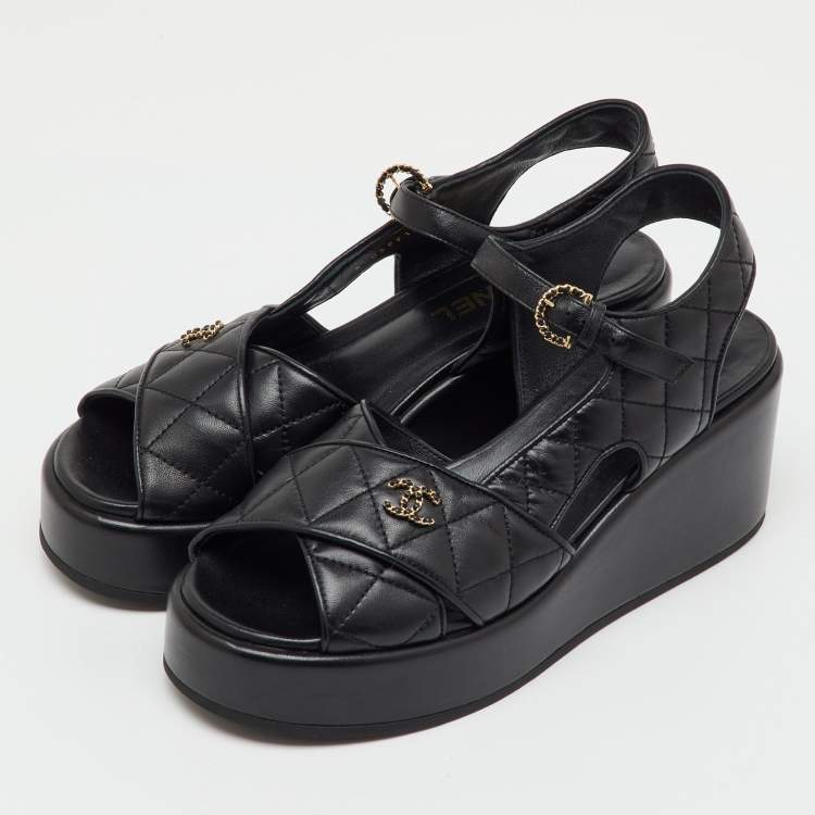 Pre Owned Chanel Black Quilted Leather CC Logo Platform Wedge Sandals Size 39.5