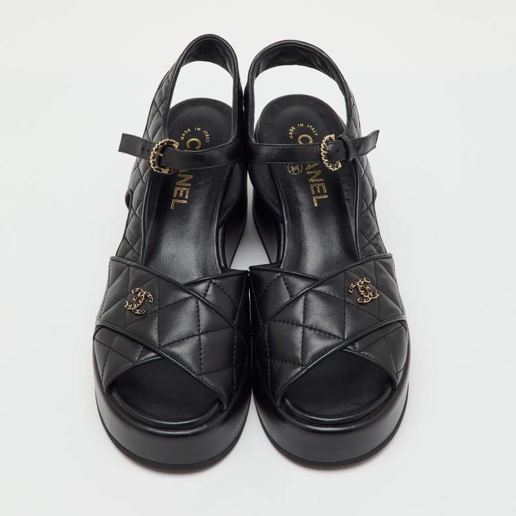 Pre Owned Chanel Black Quilted Leather CC Logo Platform Wedge Sandals Size 39.5