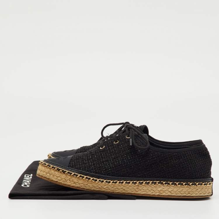 Pre Owned Chanel Black Tweed Interlocking CC Logo Espadrille Lace Up Oxfords Size 39