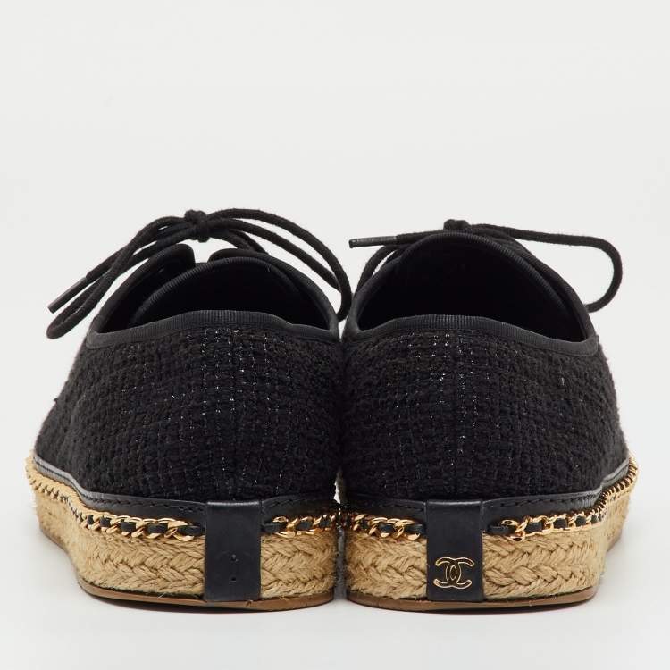 Pre Owned Chanel Black Tweed Interlocking CC Logo Espadrille Lace Up Oxfords Size 39