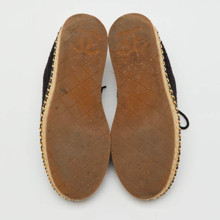 Pre Owned Chanel Black Tweed Interlocking CC Logo Espadrille Lace Up Oxfords Size 39