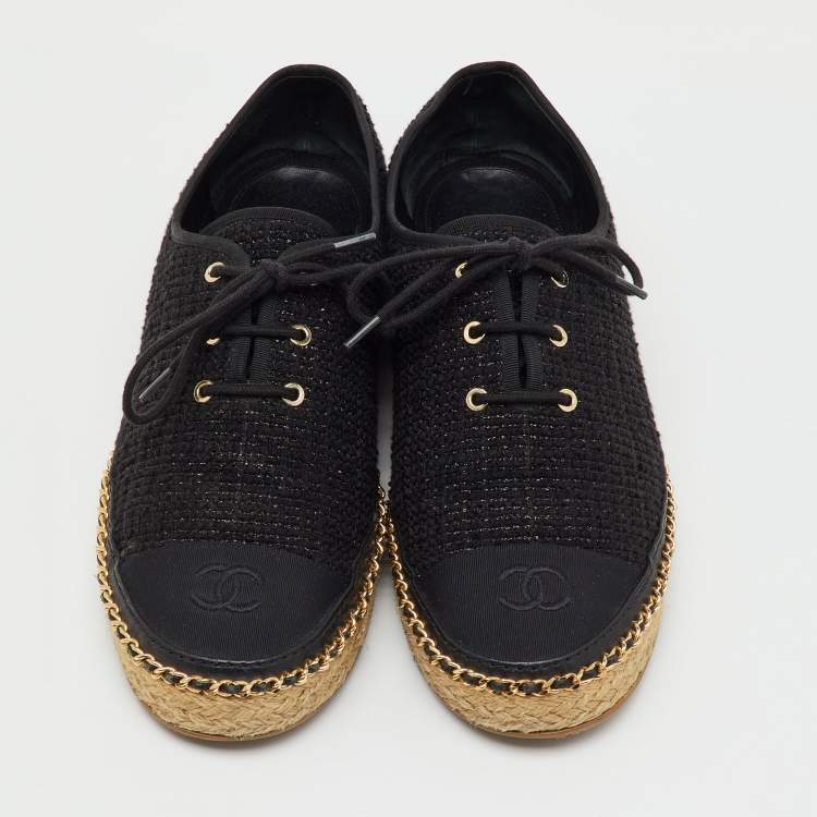 Pre Owned Chanel Black Tweed Interlocking CC Logo Espadrille Lace Up Oxfords Size 39
