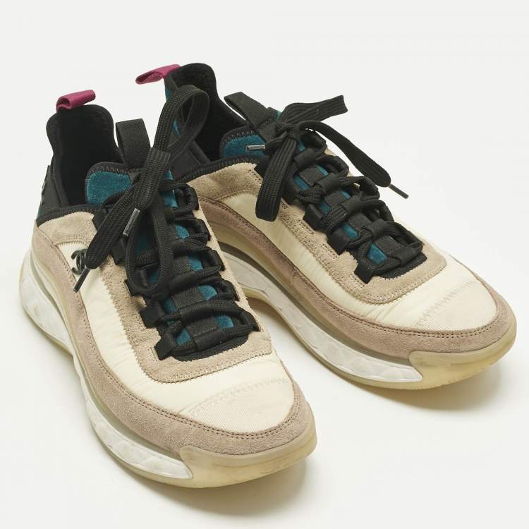 Pre Owned Chanel Multicolor Suede and Nylon CC Lace Up Sneakers Size 38