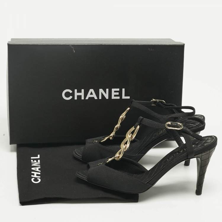 Pre Owned Chanel Black Canvas Chain Ankle Strap Sandals Size 34.5