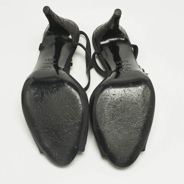 Pre Owned Chanel Black Canvas Chain Ankle Strap Sandals Size 34.5