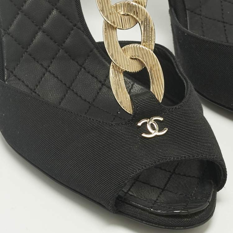 Pre Owned Chanel Black Canvas Chain Ankle Strap Sandals Size 34.5