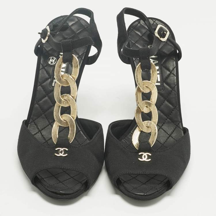 Pre Owned Chanel Black Canvas Chain Ankle Strap Sandals Size 34.5