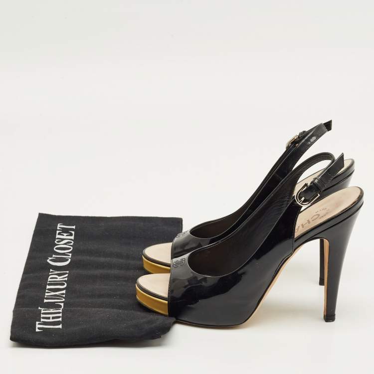 Pre Owned Chanel Black Patent Leather CC Open Toe Slingback Pumps Size 36