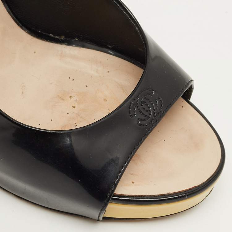 Pre Owned Chanel Black Patent Leather CC Open Toe Slingback Pumps Size 36