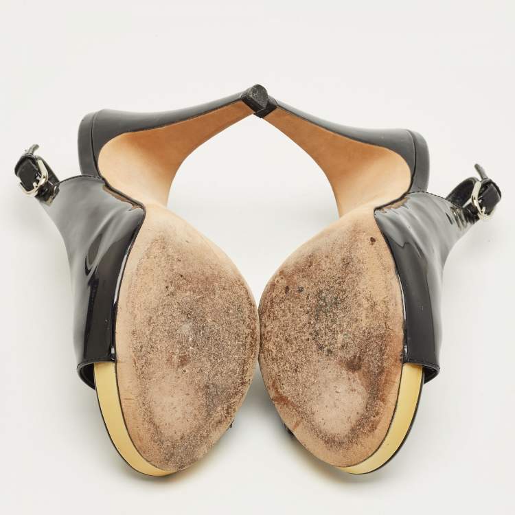 Pre Owned Chanel Black Patent Leather CC Open Toe Slingback Pumps Size 36