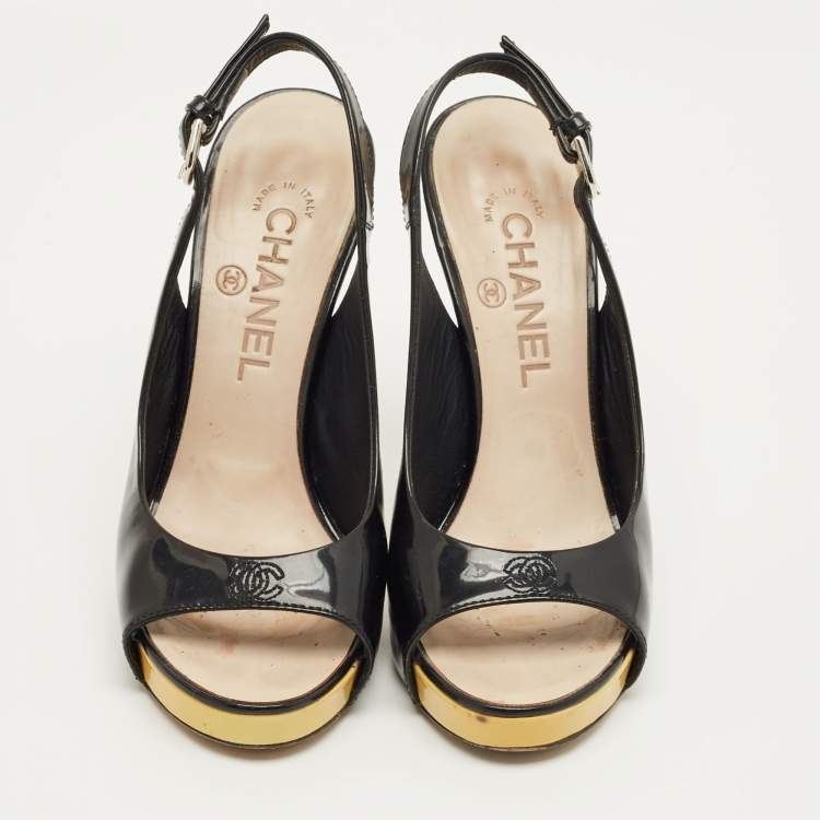 Pre Owned Chanel Black Patent Leather CC Open Toe Slingback Pumps Size 36