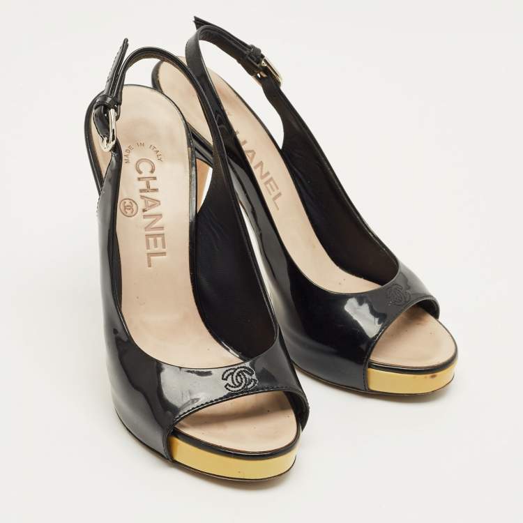 Pre Owned Chanel Black Patent Leather CC Open Toe Slingback Pumps Size 36