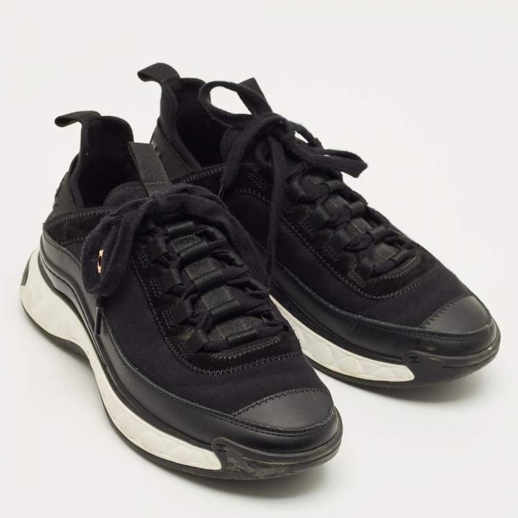 Pre Owned Chanel Black Nylon and Suede CC Low Top Sneakers Size 36.5