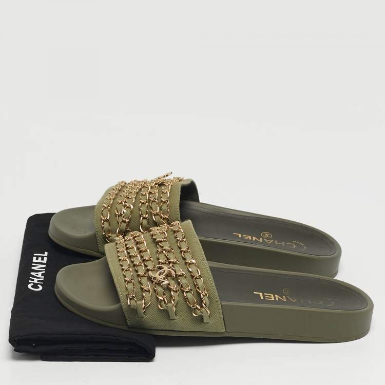 Pre Owned Chanel Olive Green Canvas and Leather Tropiconic Chain Slide Flats Size 38