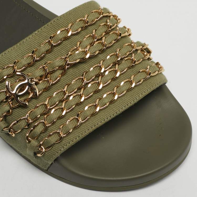 Pre Owned Chanel Olive Green Canvas and Leather Tropiconic Chain Slide Flats Size 38