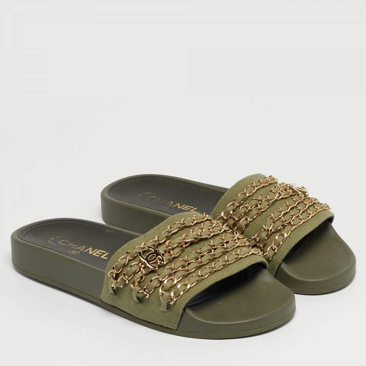 Pre Owned Chanel Olive Green Canvas and Leather Tropiconic Chain Slide Flats Size 38