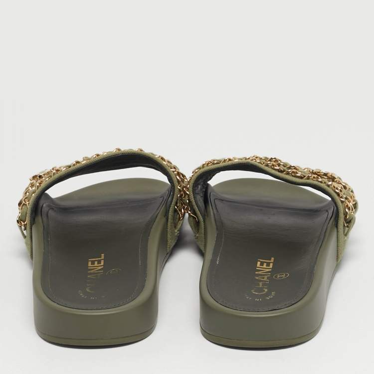 Pre Owned Chanel Olive Green Canvas and Leather Tropiconic Chain Slide Flats Size 38