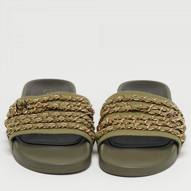 Pre Owned Chanel Olive Green Canvas and Leather Tropiconic Chain Slide Flats Size 38