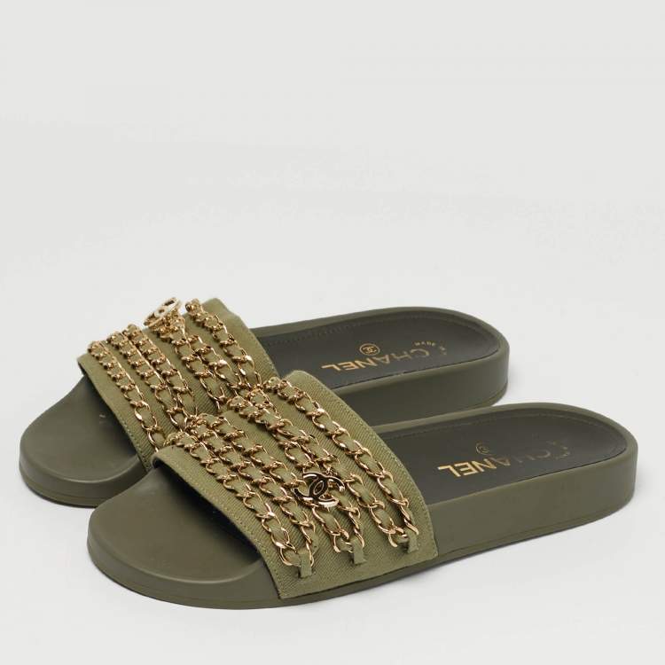 Pre Owned Chanel Olive Green Canvas and Leather Tropiconic Chain Slide Flats Size 38
