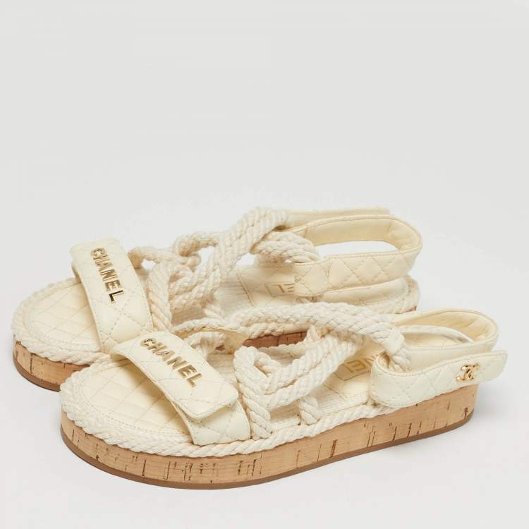 Pre Owned Chanel White Leather and Rope Dad Slingback Sandals Size 36
