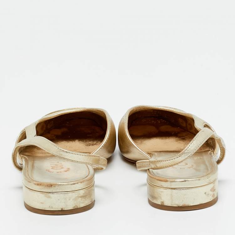 Pre Owned Chanel Gold Leather CC Cap Toe Slingback Flats Size 36