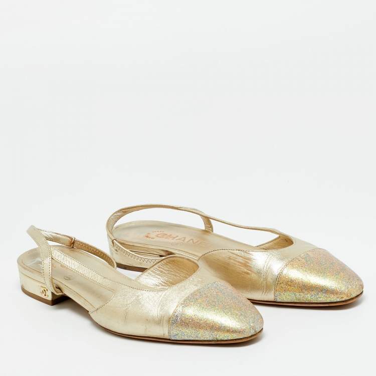 Pre Owned Chanel Gold Leather CC Cap Toe Slingback Flats Size 36