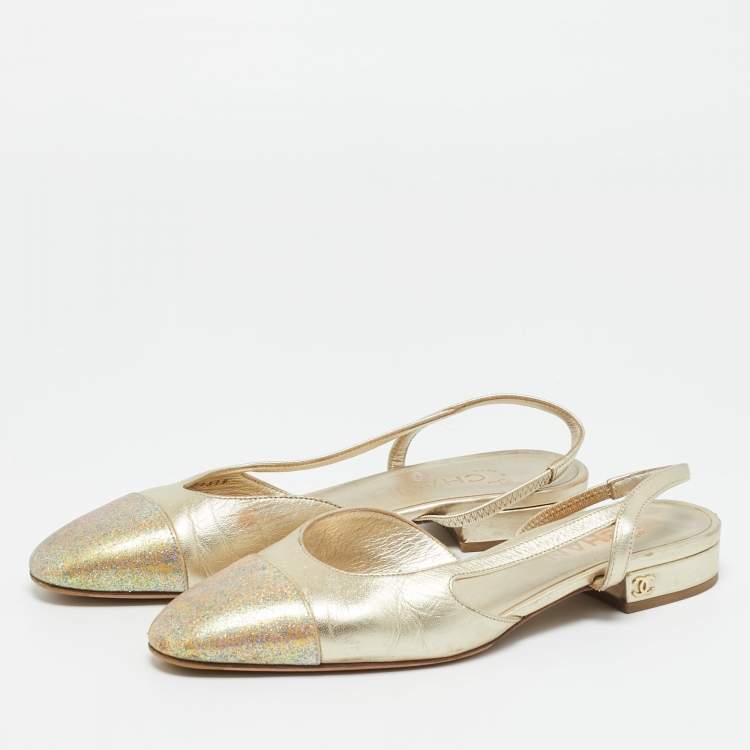 Pre Owned Chanel Gold Leather CC Cap Toe Slingback Flats Size 36
