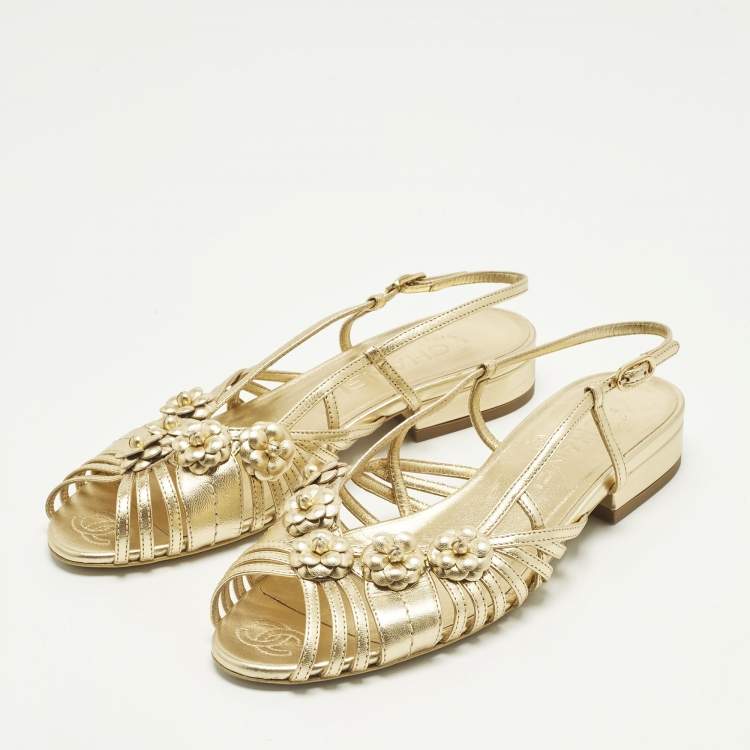Pre Owned Chanel Camelia Size 36 Gold Leather Slingback Sandals