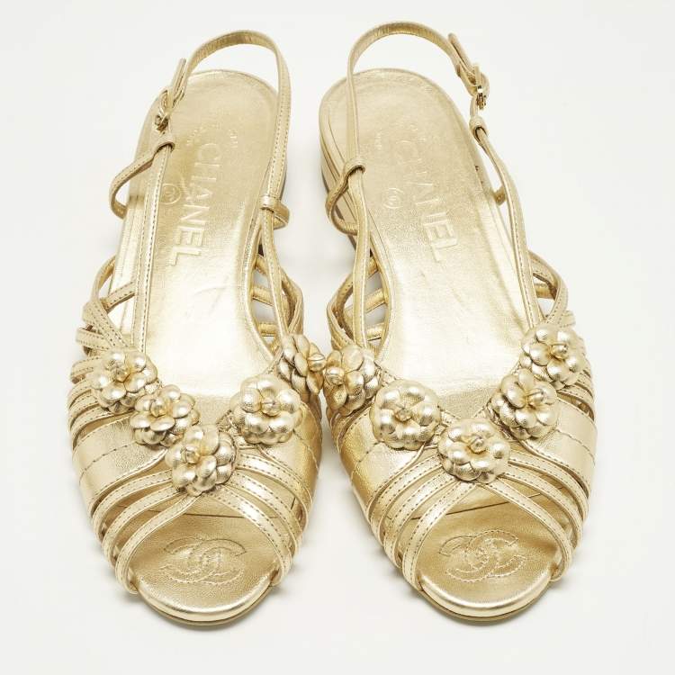 Pre Owned Chanel Camelia Size 36 Gold Leather Slingback Sandals