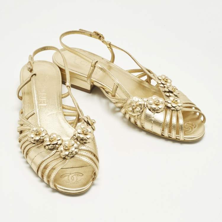 Pre Owned Chanel Camelia Size 36 Gold Leather Slingback Sandals