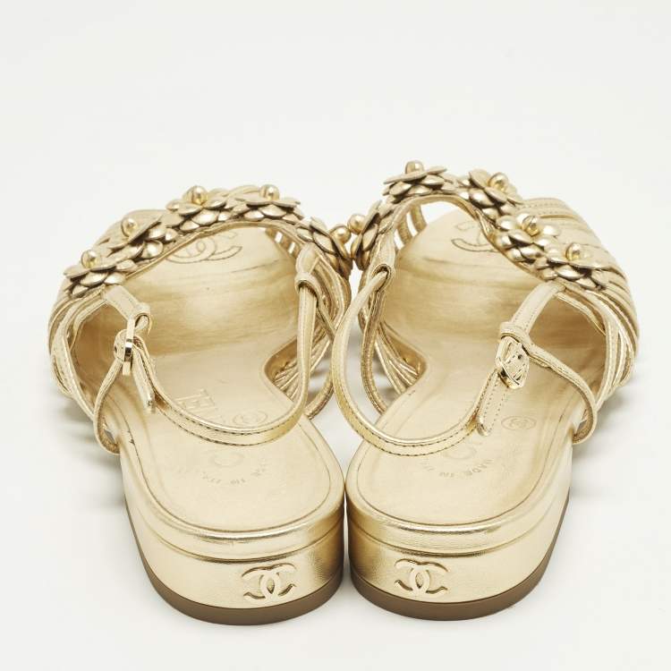 Pre Owned Chanel Camelia Size 36 Gold Leather Slingback Sandals