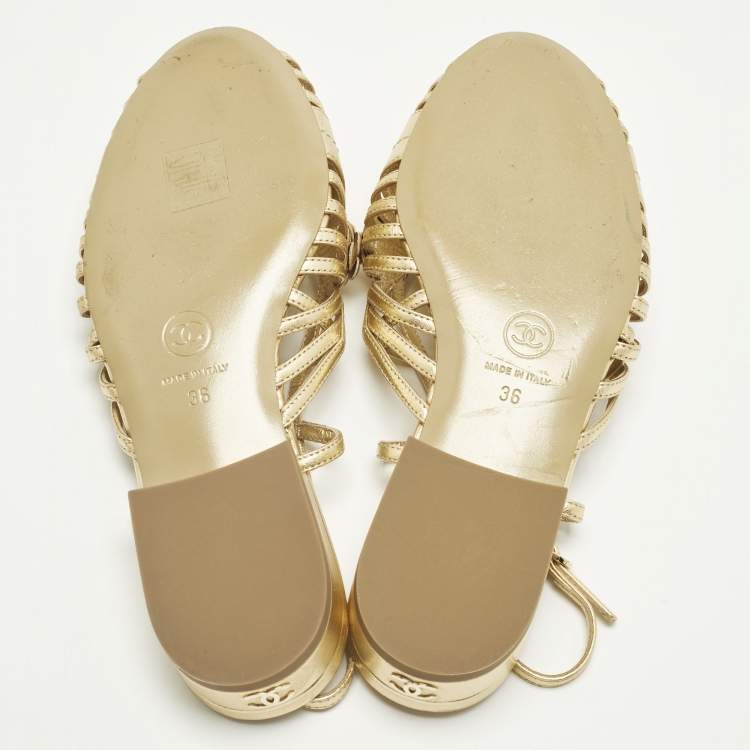 Pre Owned Chanel Camelia Size 36 Gold Leather Slingback Sandals