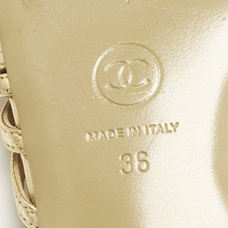 Pre Owned Chanel Camelia Size 36 Gold Leather Slingback Sandals
