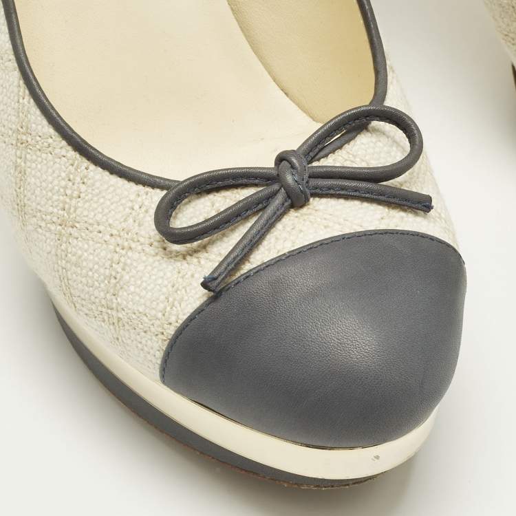 Pre Owned Chanel Size 38.5 Grey/White Canvas and Leather Platform Pumps