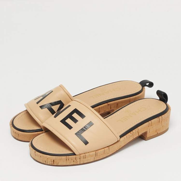 Pre Owned Chanel Size 36 Beige Leather Logo Cork Slide Sandals