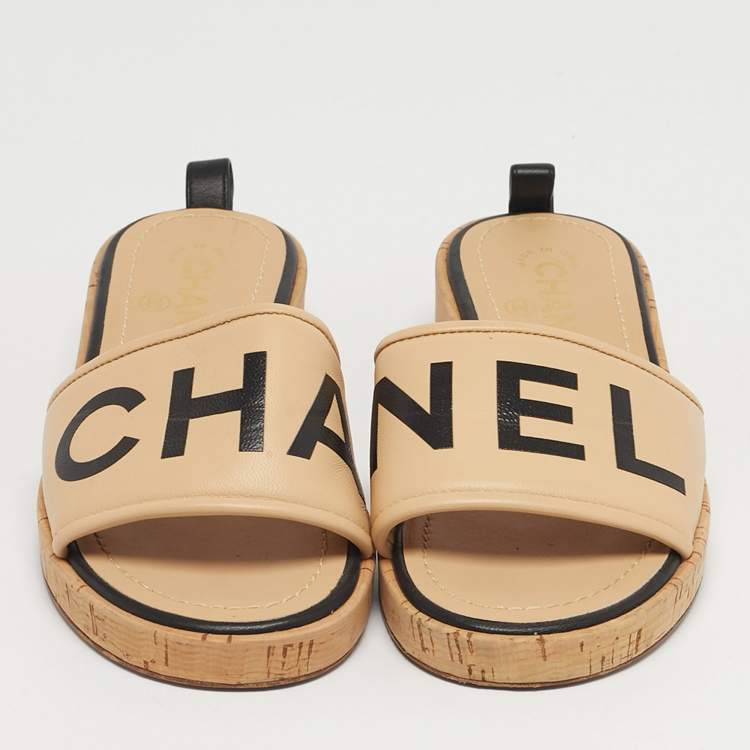 Pre Owned Chanel Size 36 Beige Leather Logo Cork Slide Sandals