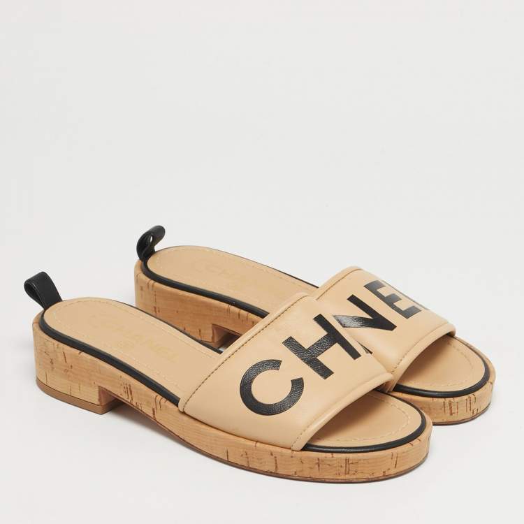Pre Owned Chanel Size 36 Beige Leather Logo Cork Slide Sandals