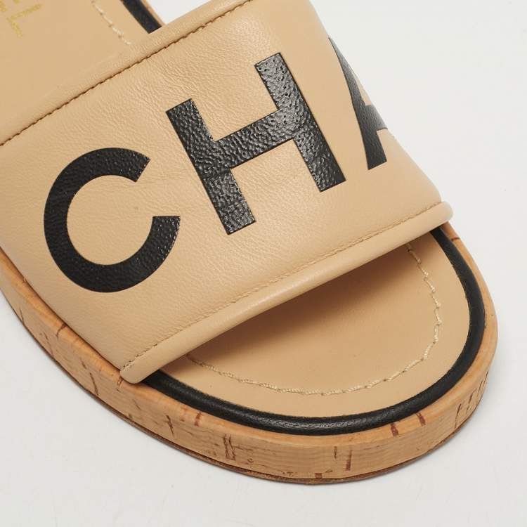 Pre Owned Chanel Size 36 Beige Leather Logo Cork Slide Sandals