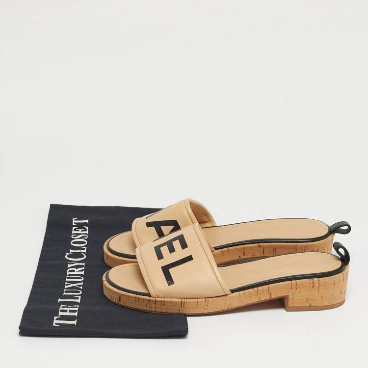 Pre Owned Chanel Size 36 Beige Leather Logo Cork Slide Sandals