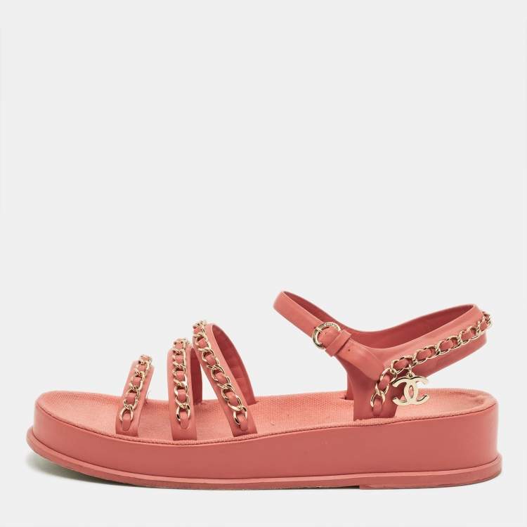 Pre Owned Chanel CC Chain logo Size 38 Pink Leather Slingback Sandals