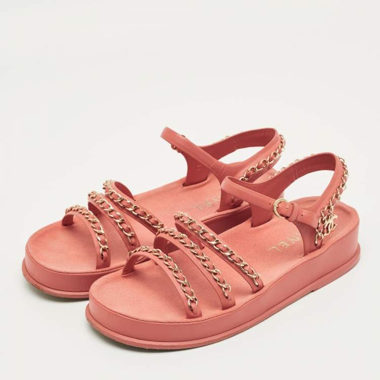 Pre Owned Chanel CC Chain logo Size 38 Pink Leather Slingback Sandals