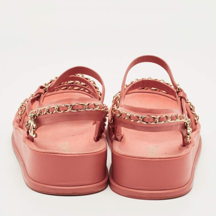 Pre Owned Chanel CC Chain logo Size 38 Pink Leather Slingback Sandals