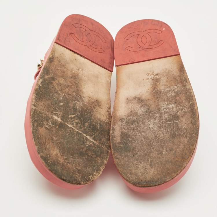 Pre Owned Chanel CC Chain logo Size 38 Pink Leather Slingback Sandals