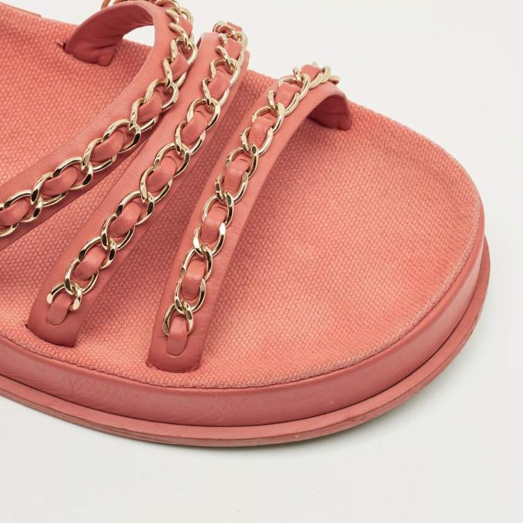 Pre Owned Chanel CC Chain logo Size 38 Pink Leather Slingback Sandals