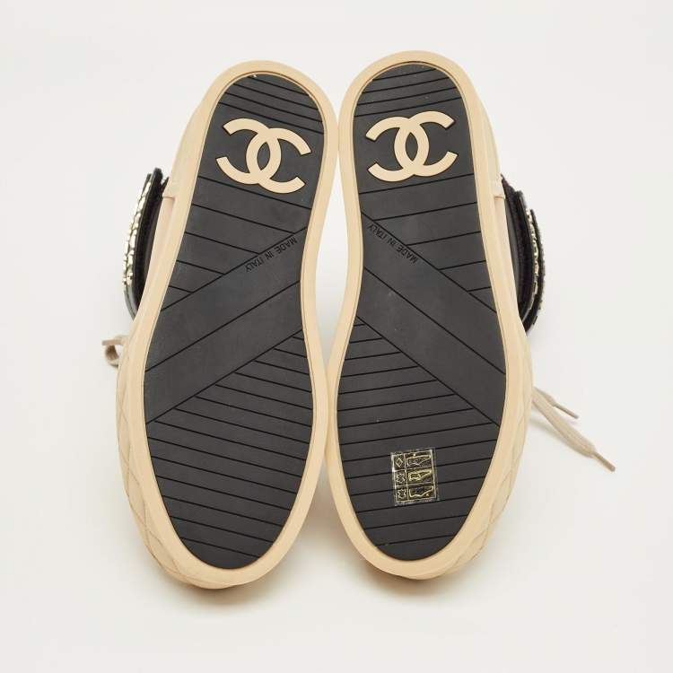 Pre Owned Chanel Black/Beige Leather High Top Sneakers Size 36.5